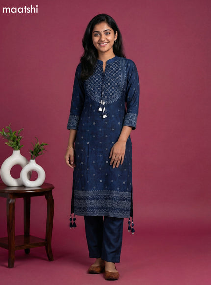 Peacock Blue Art Tussar Printed Fish Cut Kurti Set