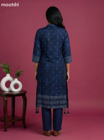 Peacock Blue Art Tussar Printed Fish Cut Kurti Set