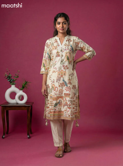 Cream Art Tussar Position Printed Fish Cut Kurti Set