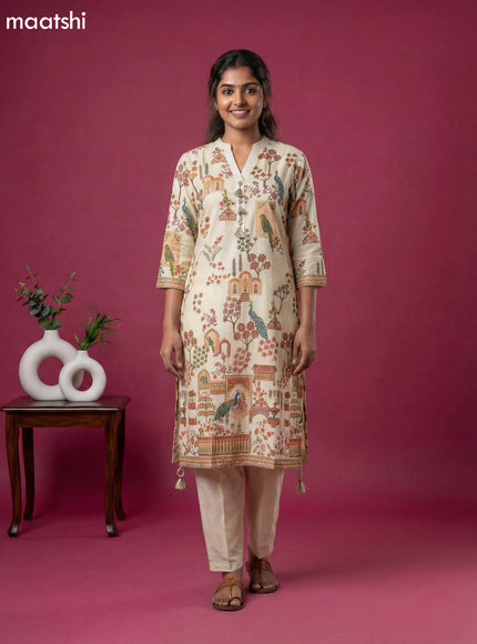 Cream Art Tussar Position Printed Fish Cut Kurti Set