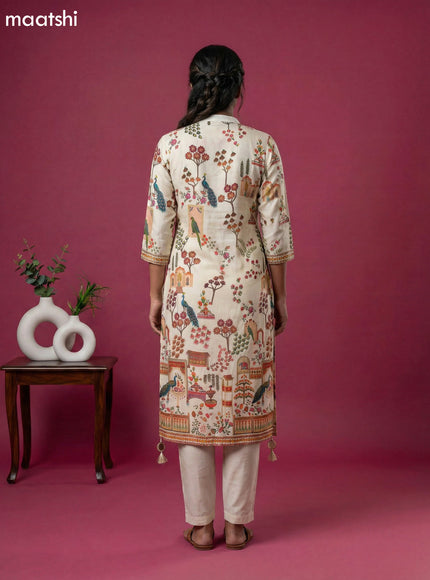 Cream Art Tussar Position Printed Fish Cut Kurti Set