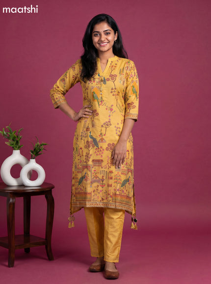 Yellow Art Tussar Position Printed Fish Cut Kurti Set