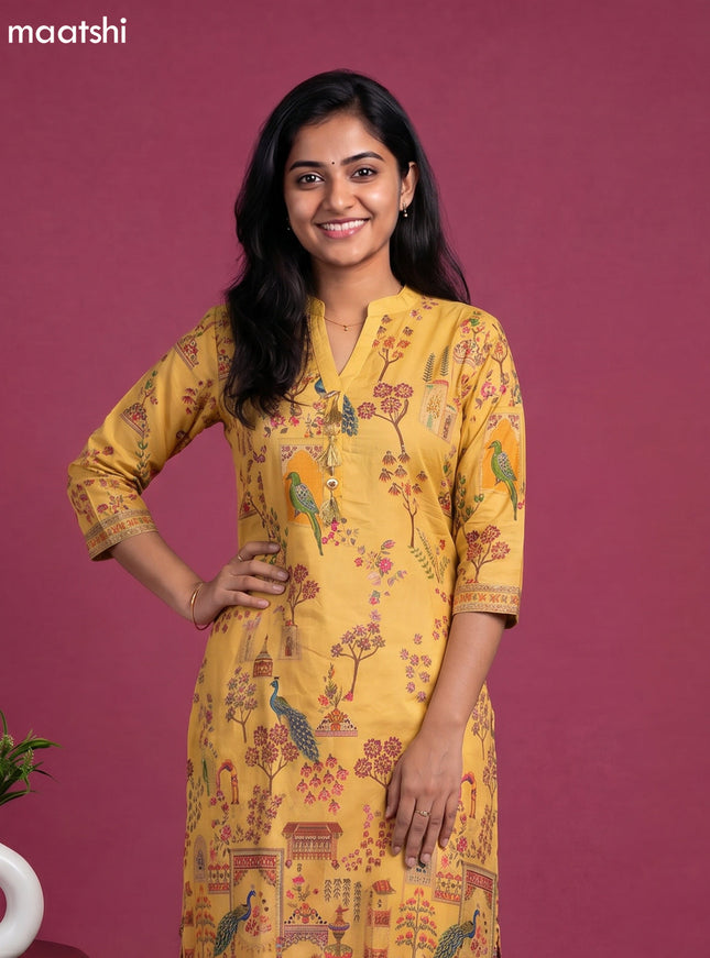 Yellow Art Tussar Position Printed Fish Cut Kurti Set