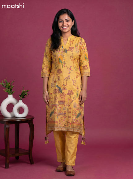 Yellow Art Tussar Position Printed Fish Cut Kurti Set