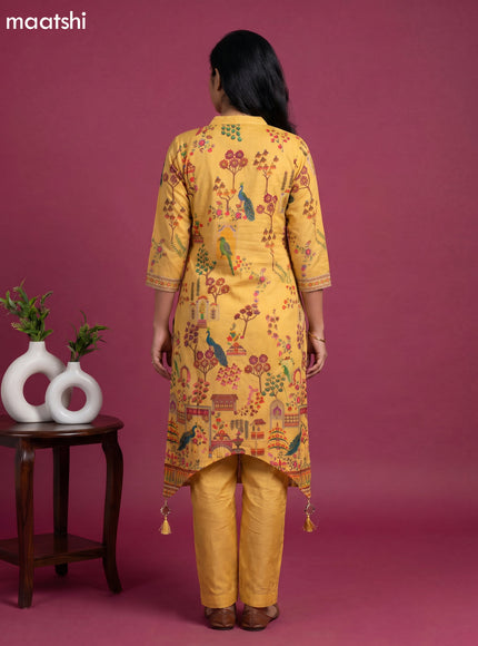 Yellow Art Tussar Position Printed Fish Cut Kurti Set