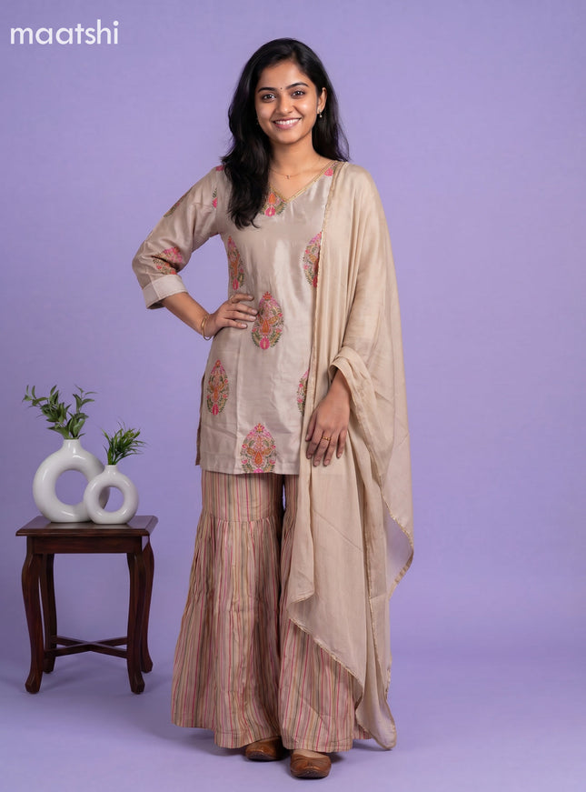 Beige Art Tussar Printed Straight Suit