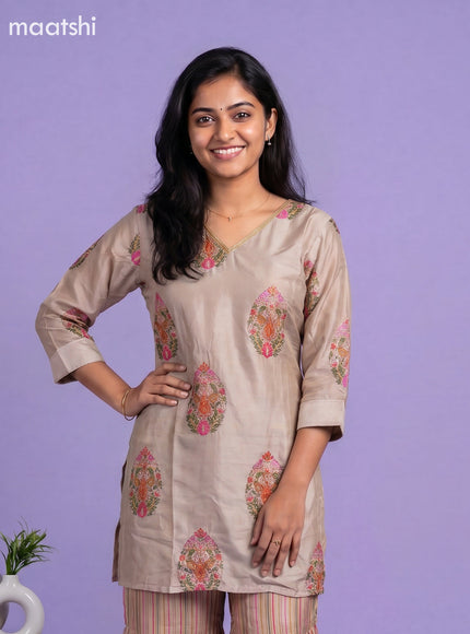 Beige Art Tussar Printed Straight Suit