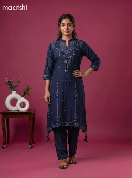 Navy Blue Art Tussar Bandhini Printed Fish Cut Kurti Set