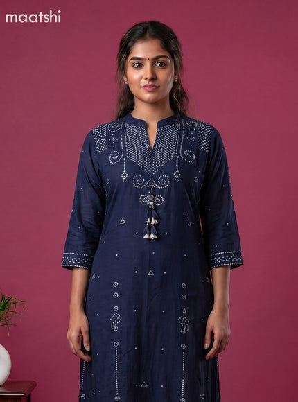 Navy Blue Art Tussar Bandhini Printed Fish Cut Kurti Set