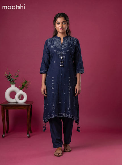Navy Blue Art Tussar Bandhini Printed Fish Cut Kurti Set