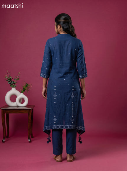Navy Blue Art Tussar Bandhini Printed Fish Cut Kurti Set