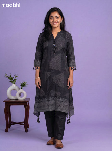 Black Art Tussar Printed Fish Cut Kurti Set