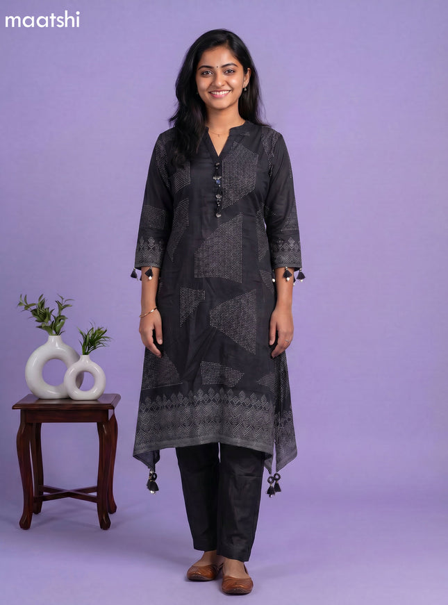 Black Art Tussar Printed Fish Cut Kurti Set