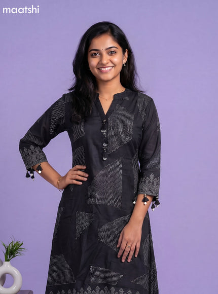 Black Art Tussar Printed Fish Cut Kurti Set