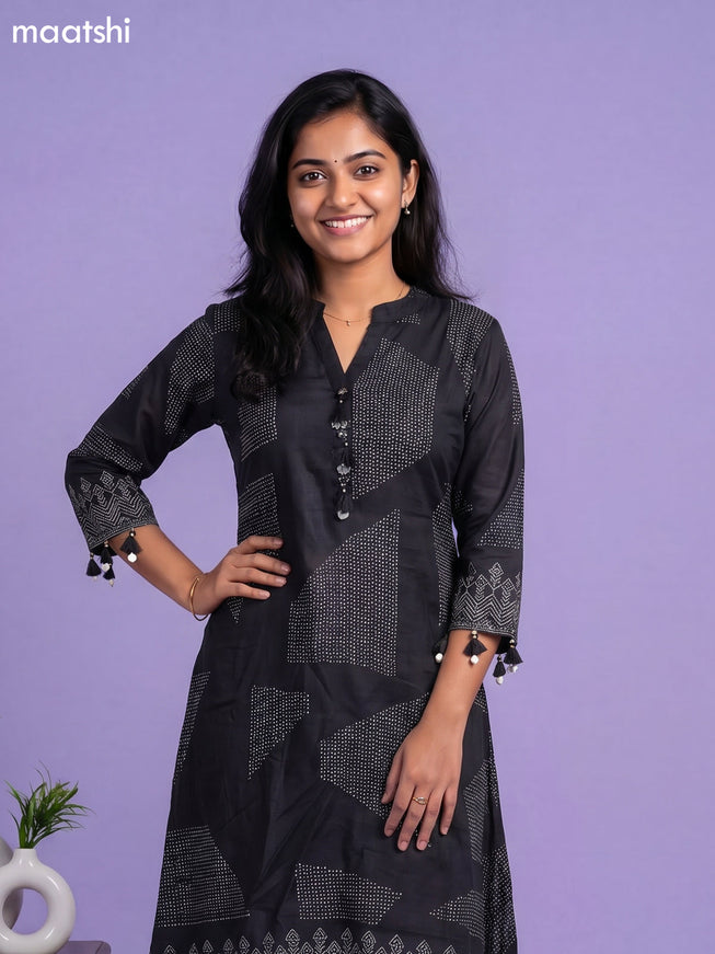 Black Art Tussar Printed Fish Cut Kurti Set
