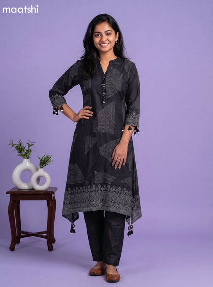 Black Art Tussar Printed Fish Cut Kurti Set