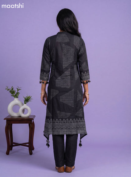 Black Art Tussar Printed Fish Cut Kurti Set