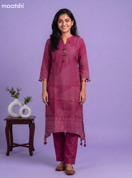 Magenta Pink Art Tussar Printed Fish Cut Kurti Set