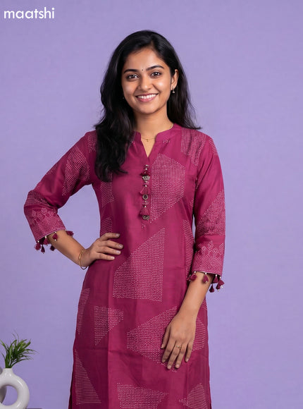 Magenta Pink Art Tussar Printed Fish Cut Kurti Set