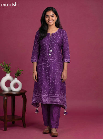 Violet Art Tussar Bandhini Printed Fish Cut Kurti Set
