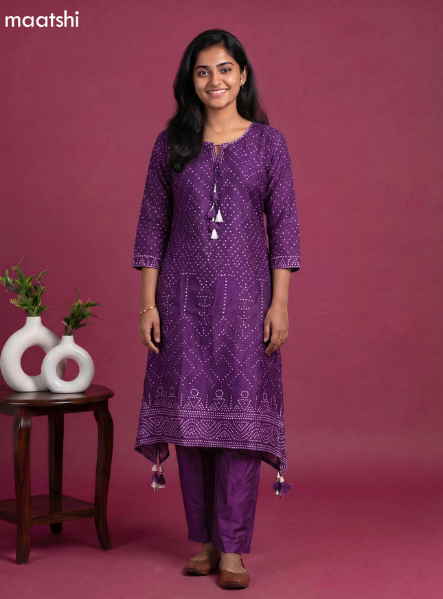 Violet Art Tussar Bandhini Printed Fish Cut Kurti Set