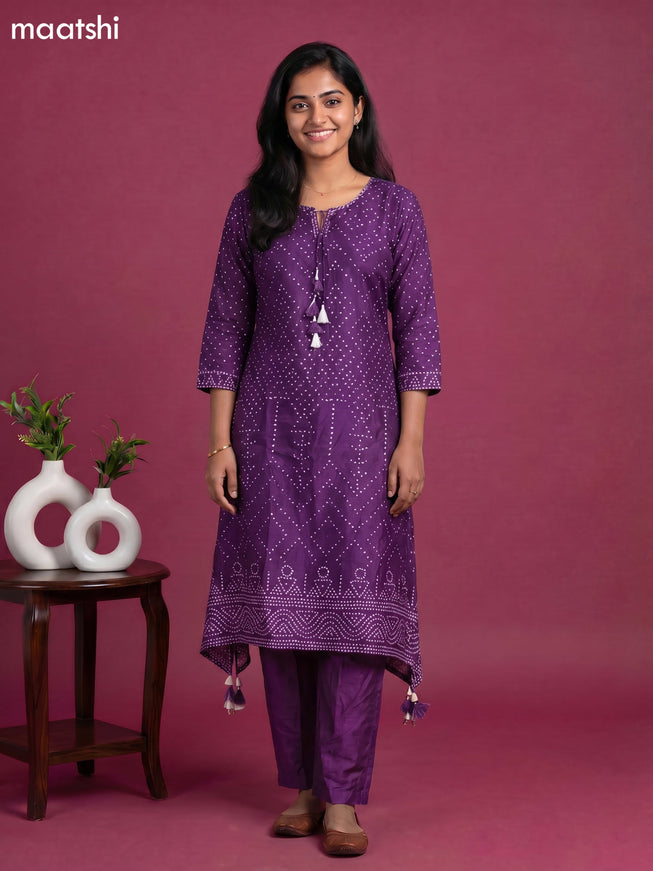 Violet Art Tussar Bandhini Printed Fish Cut Kurti Set