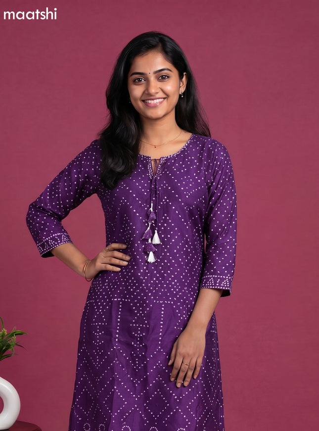 Violet Art Tussar Bandhini Printed Fish Cut Kurti Set