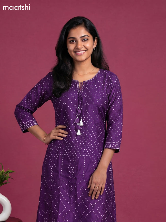 Violet Art Tussar Bandhini Printed Fish Cut Kurti Set
