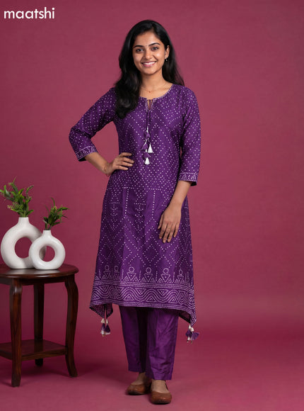 Violet Art Tussar Bandhini Printed Fish Cut Kurti Set