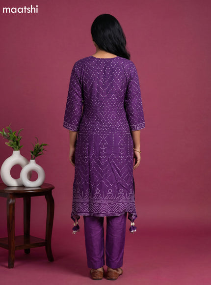 Violet Art Tussar Bandhini Printed Fish Cut Kurti Set