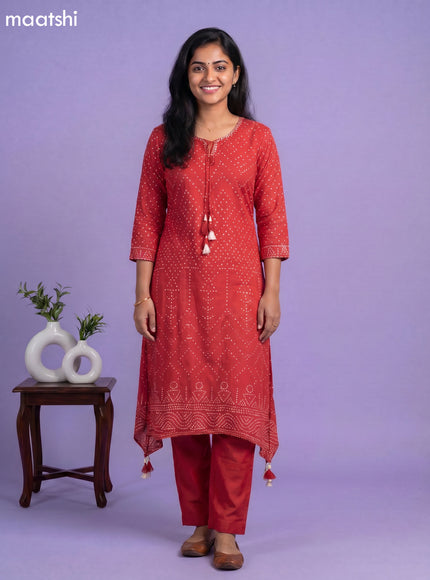 Red Art Tussar Bandhini Printed Fish Cut Kurti Set