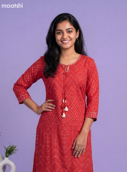 Red Art Tussar Bandhini Printed Fish Cut Kurti Set