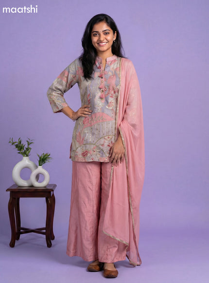 Pastel Pink and Pastel Grey Tissue Embroidery Work Short Straight Suit