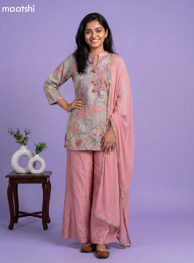 Pastel Pink and Pastel Grey Tissue Embroidery Work Short Straight Suit