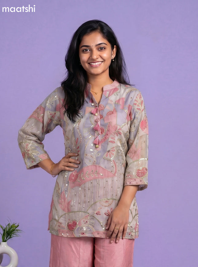 Pastel Pink and Pastel Grey Tissue Embroidery Work Short Straight Suit