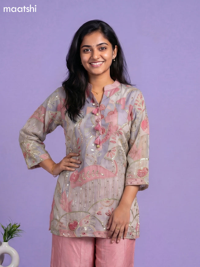 Pastel Pink and Pastel Grey Tissue Embroidery Work Short Straight Suit