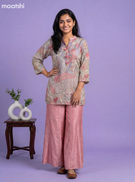 Pastel Pink and Pastel Grey Tissue Embroidery Work Short Straight Suit