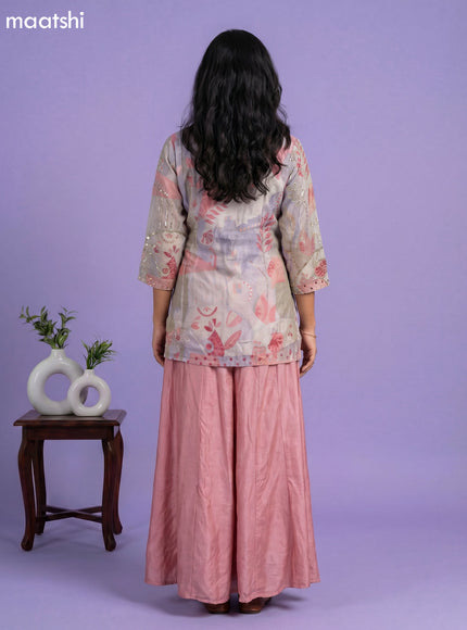 Pastel Pink and Pastel Grey Tissue Embroidery Work Short Straight Suit