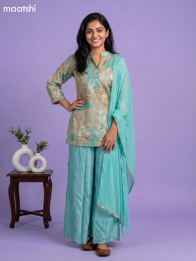 Teal Green and Beige Tissue Embroidery Work Short Straight Suit