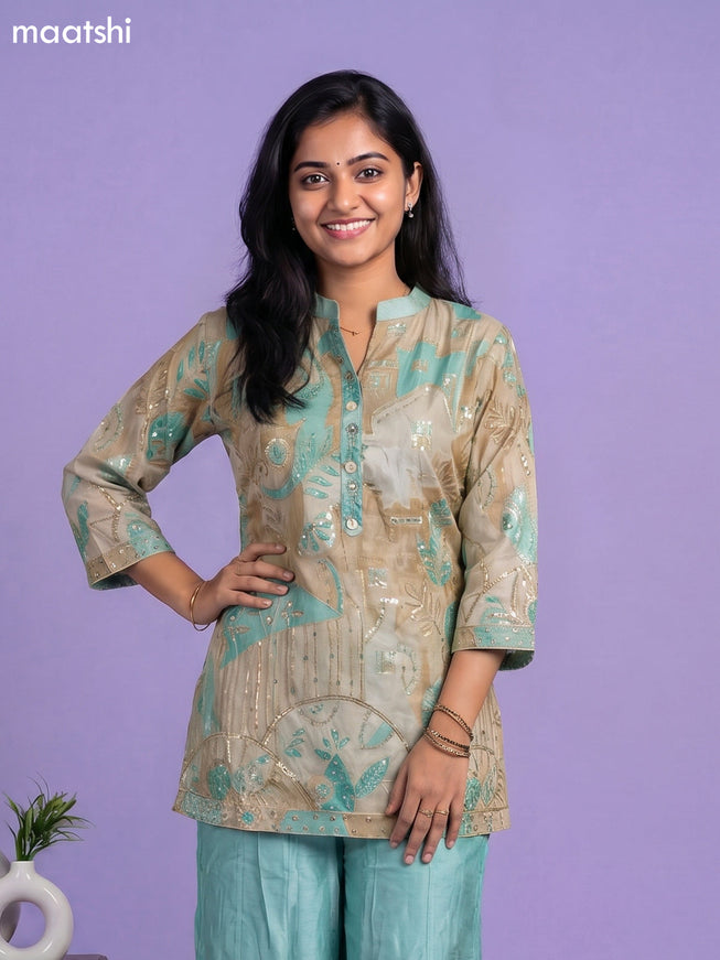 Teal Green and Beige Tissue Embroidery Work Short Straight Suit