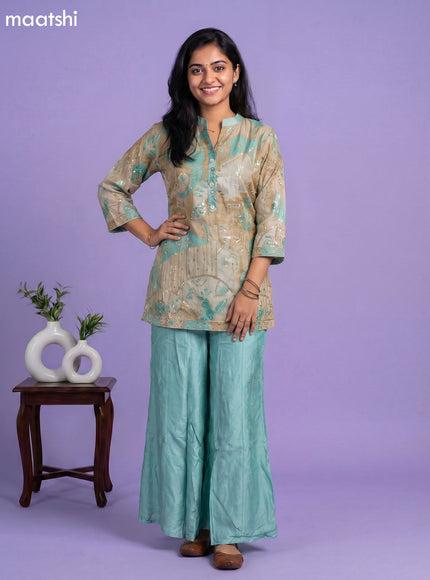 Teal Green and Beige Tissue Embroidery Work Short Straight Suit