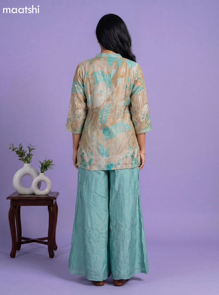 Teal Green and Beige Tissue Embroidery Work Short Straight Suit