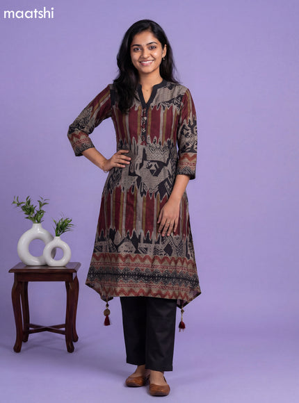 Dark Beige and Black Art Tussar Printed Fish Cut Kurti Set