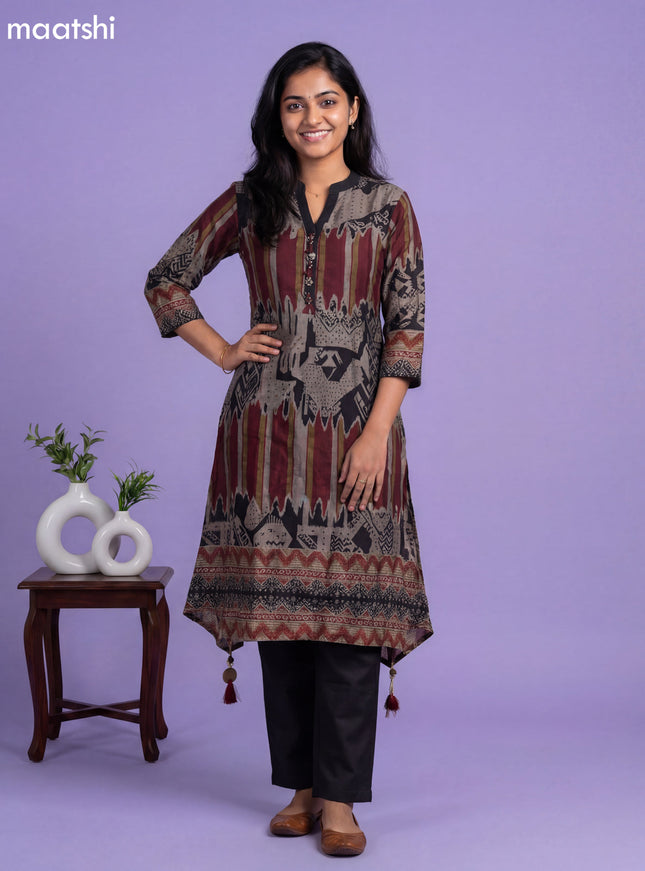 Dark Beige and Black Art Tussar Printed Fish Cut Kurti Set