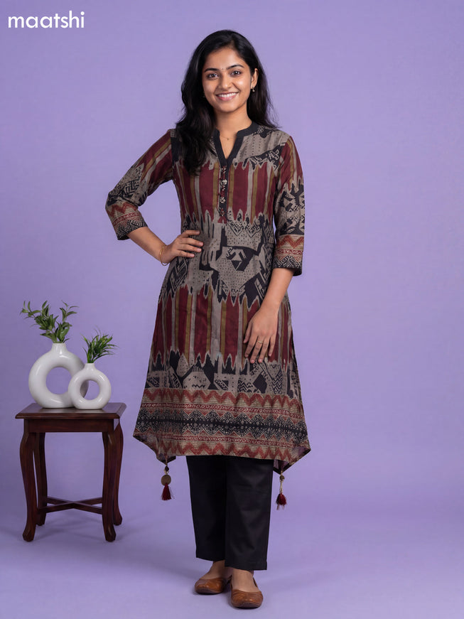 Dark Beige and Black Art Tussar Printed Fish Cut Kurti Set