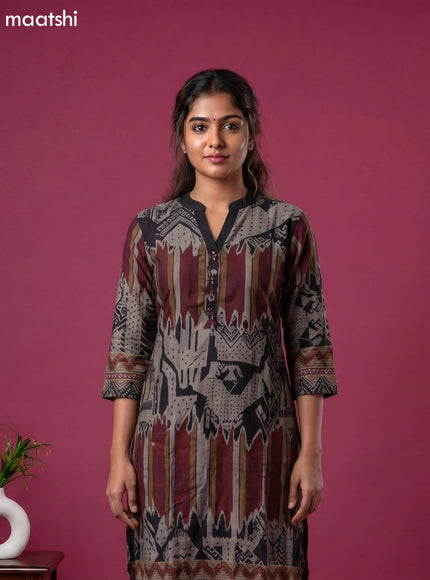 Dark Beige and Black Art Tussar Printed Fish Cut Kurti Set