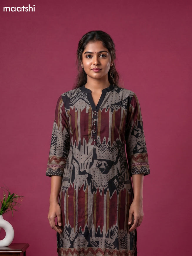 Dark Beige and Black Art Tussar Printed Fish Cut Kurti Set