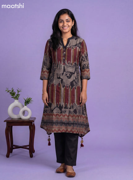 Dark Beige and Black Art Tussar Printed Fish Cut Kurti Set