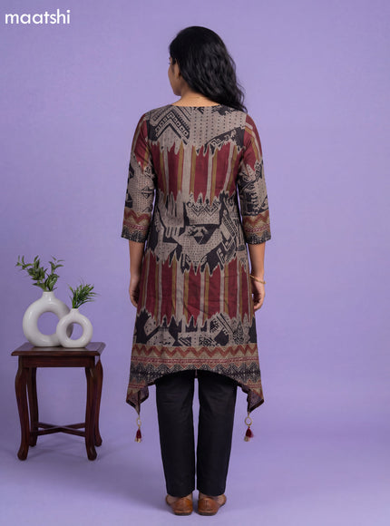 Dark Beige and Black Art Tussar Printed Fish Cut Kurti Set