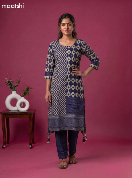 Beige and Navy Blue Art Tussar Printed & Embroidery Work Fish Cut Kurti Set